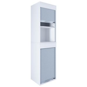 Rolladenschrank Aktos XL, 4 Ordnerhöhen, abschließbar, Bügelgriff, B 500 x T 400 x H 1860 mm, Holz, weiß Rolladenschrank Aktos XL, 4 Ordnerhöhen, abschließbar, Bügelgriff, B 500 x T 400 x H 1860 mm, Holz, weiß