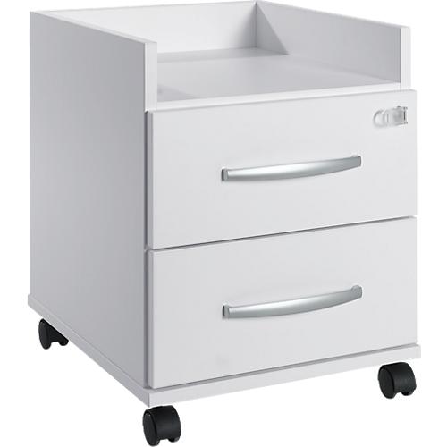 Rollcontainer, ideal für das Homeoffice, 2 Schübe mit Griffen, Ablagefach, Zentralverschluss, inkl. 2 Kippschlüssel, B 409 x T 459 x H 507 mm, weiß
