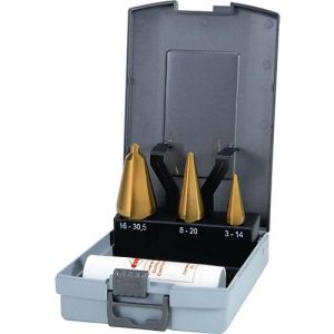 RUKO Blechschälbohrersatz, HSS-TiN, 3-14/5-20/16-30,5 mm, 3 Spannflächen, inkl. Schneidpaste, Kunststoffkassette RUKO Blechschälbohrersatz, HSS-TiN, 3-14/5-20/16-30,5 mm, 3 Spannflächen, inkl. Schneidpaste, Kunststoffkassette