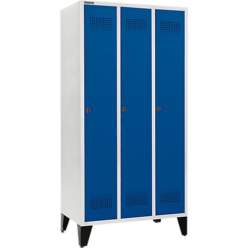 Schäfer Shop Genius Kleiderspind mit Füßen, 3 Abteile, 300 mm Abteilbreite, Sicherheitsdrehriegelverschluss, lichtgrau/enzianblau