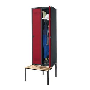Schäfer Shop Genius Kleiderspind mit Sitzbank, 2 Abteile, 300 mm Abteilbreite, Sicherheitsdrehriegelverschluss, anthrazit/rubinrot Schäfer Shop Genius Kleiderspind mit Sitzbank, 2 Abteile, 300 mm Abteilbreite, Sicherheitsdrehriegelverschluss, anthrazit/rubinrot