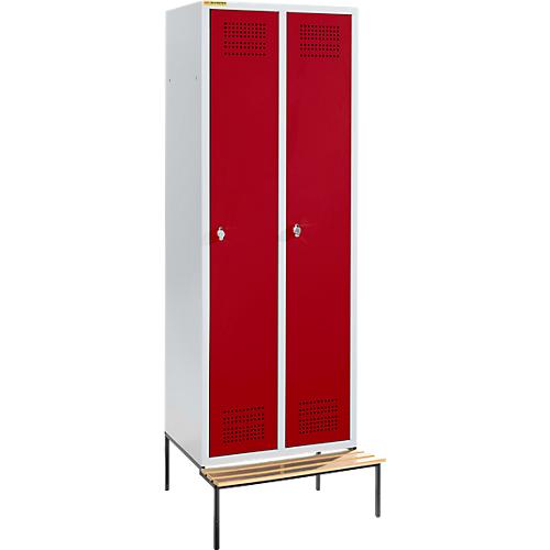 Schäfer Shop Genius Kleiderspind mit Sitzbank, 2 Abteile, 300 mm Abteilbreite, Sicherheitsdrehriegelverschluss, lichtgrau/rubinrot