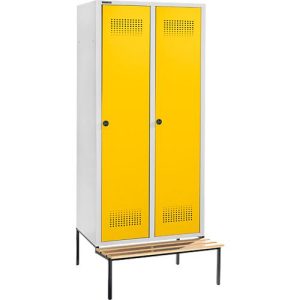 Schäfer Shop Genius Kleiderspind mit Sitzbank, 2 Abteile, 400 mm Abteilbreite, Sicherheitsdrehriegelverschluss, lichtgrau/gelb Schäfer Shop Genius Kleiderspind mit Sitzbank, 2 Abteile, 400 mm Abteilbreite, Sicherheitsdrehriegelverschluss, lichtgrau/gelb