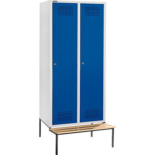 Schäfer Shop Genius Kleiderspind mit Sitzbank, 2 Abteile, 400 mm Abteilbreite, Zylinderschloss, lichtgrau/enzianblau