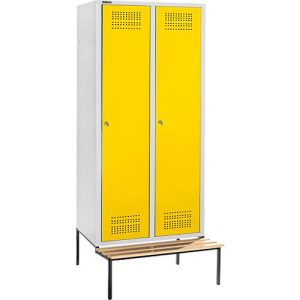 Schäfer Shop Genius Kleiderspind mit Sitzbank, 2 Abteile, 400 mm Abteilbreite, Zylinderschloss, lichtgrau/gelb Schäfer Shop Genius Kleiderspind mit Sitzbank, 2 Abteile, 400 mm Abteilbreite, Zylinderschloss, lichtgrau/gelb