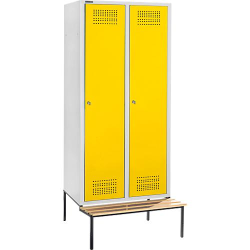 Schäfer Shop Genius Kleiderspind mit Sitzbank, 2 Abteile, 400 mm Abteilbreite, Zylinderschloss, lichtgrau/gelb