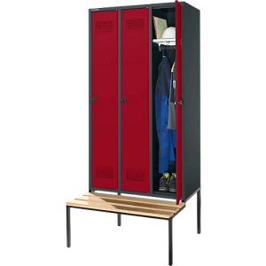 Schäfer Shop Genius Kleiderspind mit Sitzbank, 3 Abteile, 300 mm Abteilbreite, Sicherheitsdrehriegelverschluss, anthrazit/rubinrot Schäfer Shop Genius Kleiderspind mit Sitzbank, 3 Abteile, 300 mm Abteilbreite, Sicherheitsdrehriegelverschluss, anthrazit/rubinrot