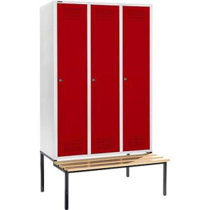 Schäfer Shop Genius Kleiderspind mit Sitzbank, 3 Abteile, 400 mm Abteilbreite, Zylinderschloss, lichtgrau/rubinrot Schäfer Shop Genius Kleiderspind mit Sitzbank, 3 Abteile, 400 mm Abteilbreite, Zylinderschloss, lichtgrau/rubinrot