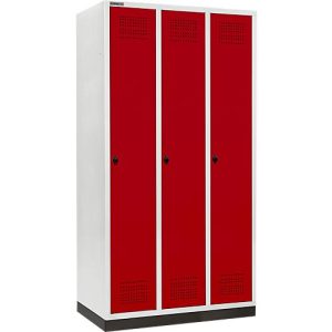 Schäfer Shop Genius Kleiderspind mit Sockel, 3 Abteile, 300 mm Abteilbreite, Sicherheitsdrehriegelverschluss, rubinrot Schäfer Shop Genius Kleiderspind mit Sockel, 3 Abteile, 300 mm Abteilbreite, Sicherheitsdrehriegelverschluss, rubinrot