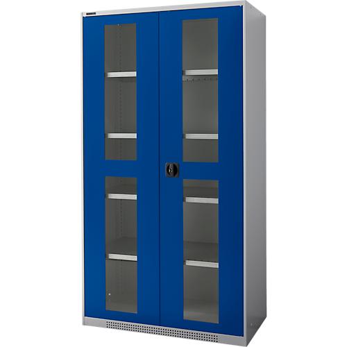 Schäfer Shop Genius Sichttürschrank FS, 5 OH, abschließbar, 4 Fachböden, bis 450 kg, B 1055 mm, Stahl, weißaluminium RAL 9006/enzianblau RAL 5010