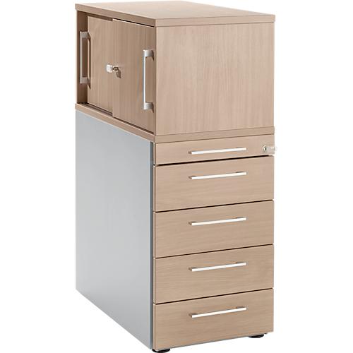 Schäfer Shop Genius Standcontainer mit Aufsatzschrank inkl. Schiebetür, komplett abschließbar, eckiger Griff, Eiche/weißalu
