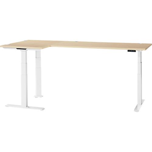 Schäfer Shop Genius Winkelschreibtisch Modena Flex, elektrisch höhenverstellbar, 90° Winkel beidseitig, B 2000 x T 1600 mm, Ahorn/weiß