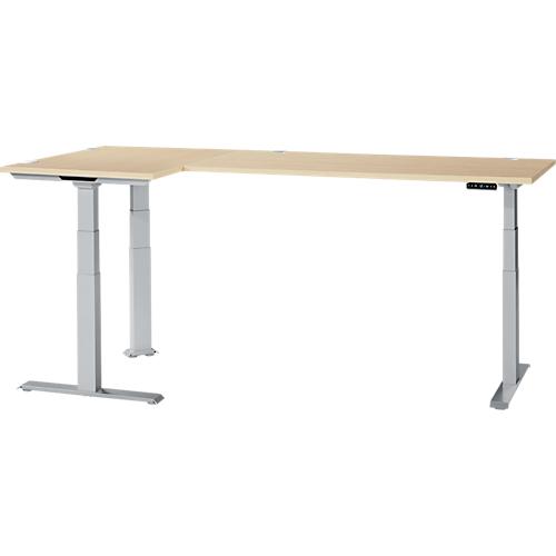 Schäfer Shop Genius Winkelschreibtisch Modena Flex, elektrisch höhenverstellbar, 90° Winkel beidseitig, B 2000 x T 1600 mm, Ahorn/weißaluminium