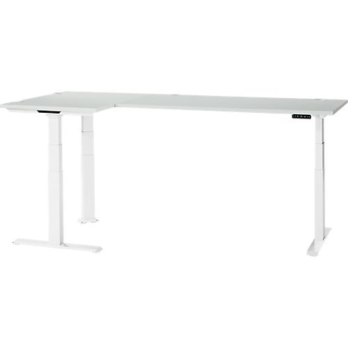 Schäfer Shop Genius Winkelschreibtisch Modena Flex, elektrisch höhenverstellbar, 90° Winkel beidseitig, B 2000 x T 1600 mm, lichtgrau/weiß