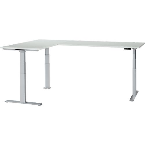 Schäfer Shop Genius Winkelschreibtisch Modena Flex, elektrisch höhenverstellbar, 90° Winkel beidseitig, B 2000 x T 2000 mm, lichtgrau/weißaluminium
