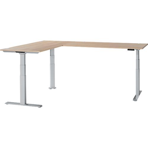 Schäfer Shop Genius Winkelschreibtisch Modena Flex, elektrisch höhenverstellbar, 90° Winkel beidseitig, B 2000 x T 2400 mm, Eiche/weißaluminium