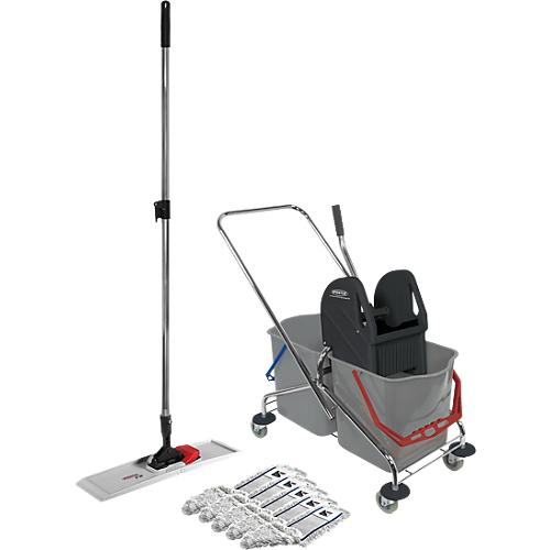 Schäfer Shop Pure Reinigungswagen Set, Doppelfahreimer 2x 27 Liter, mit Presse, Kunststoff-Klapphalter & 5x Baumwollmopp
