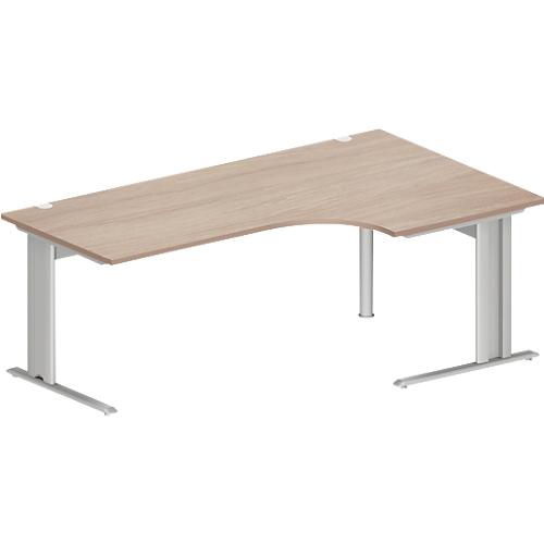 Schäfer Shop Pure Winkelschreibtisch PLANOVA BASIC, 90° Winkel rechts, C-Fuß, B 2000 x T 1200/800 x H 717 mm, Eiche/weißalu + Kabelkanal