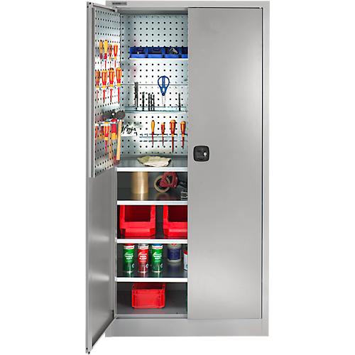 Schäfer Shop Select Materialschrank MSI 2409, mit Lochrasterwänden auf halber Höhe, bis 50 kg/Fachboden, B 950 x T 400 x H 1935 mm, weißaluminium