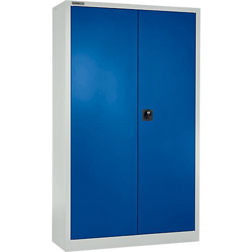 Schäfer Shop Select Materialschrank MSI 2409, mit Lochrasterwänden auf halber Höhe, mit 3 Fachböden & 2 Schubläden, B 950 x T 400 x H 1935 mm, lichtgrau/enzianblau
