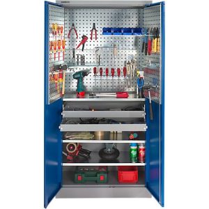 Schäfer Shop Select Materialschrank MSI 2409, mit Lochrasterwänden auf halber Höhe, mit 3 Fachböden & 2 Schubläden, B 950 x T 400 x H 1935 mm, weißaluminium/enzianblau Schäfer Shop Select Materialschrank MSI 2409, mit Lochrasterwänden auf halber Höhe, mit 3 Fachböden & 2 Schubläden, B 950 x T 400 x H 1935 mm, weißaluminium/enzianblau