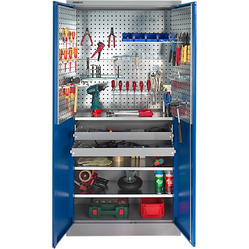 Schäfer Shop Select Materialschrank MSI 2409, mit Lochrasterwänden auf halber Höhe, mit 3 Fachböden & 2 Schubläden, B 950 x T 400 x H 1935 mm, weißaluminium/enzianblau