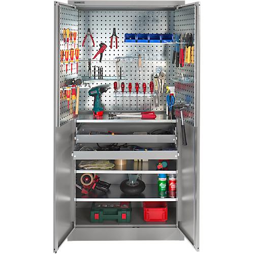 Schäfer Shop Select Materialschrank MSI 2409, mit Lochrasterwänden auf halber Höhe, mit 3 Fachböden & 2 Schubläden, B 950 x T 400 x H 1935 mm, weißaluminium