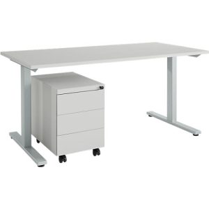 Schäfer Shop Select Schreibtisch m. Rollcontainer, T-Fuß, Stahl, lichtgrau, Holzplatte B 1600 x T 800 x H 735 mm, 3 Schübe Schäfer Shop Select Schreibtisch m. Rollcontainer, T-Fuß, Stahl, lichtgrau, Holzplatte B 1600 x T 800 x H 735 mm, 3 Schübe