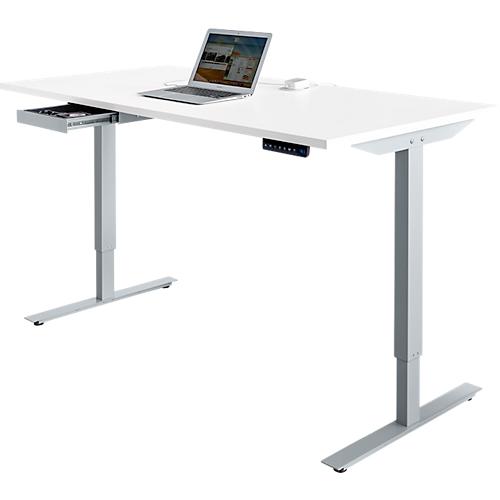 Schäfer Shop Select Schreibtisch Start Off, elektrisch höhenverstellbar, Rechteck, T-Fuß, B 1600 x T 800 x H 755-1255 mm, lichtgrau/weißaluminium + Zubehörschublade
