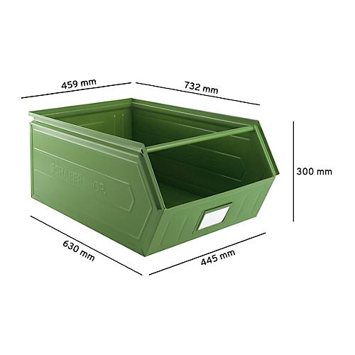 Schäfer Shop Select Sichtlagerkasten, mit Tragestab, L 732 x B 459 x H 300 mm, 84 l, 180 kg, Stahl, RAL 6011 (resadagrün)