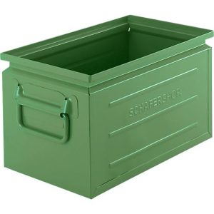 Schäfer Shop Select Stapelbox, Volumen 13,4 l, 80 kg, Faltgriffe, L 379 x B 207 x H 200 mm, Stahlblech, grün RAL 6011 Schäfer Shop Select Stapelbox, Volumen 13,4 l, 80 kg, Faltgriffe, L 379 x B 207 x H 200 mm, Stahlblech, grün RAL 6011