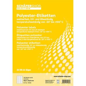Schäfer Shop Select Wetterfeste Etiketten, 63,5 x 33,9 mm, Polyester weiß, 20 Blatt Schäfer Shop Select Wetterfeste Etiketten, 63,5 x 33,9 mm, Polyester weiß, 20 Blatt