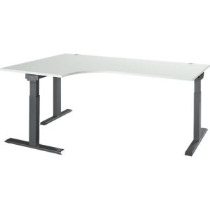 Schäfer Shop Select Winkelschreibtisch ERGO-T 2.0, 90° Winkel, Ansatz links, T-Fuß, B 2000 x T 1200/800 x H 675-895 mm, lichtgrau/anthrazit