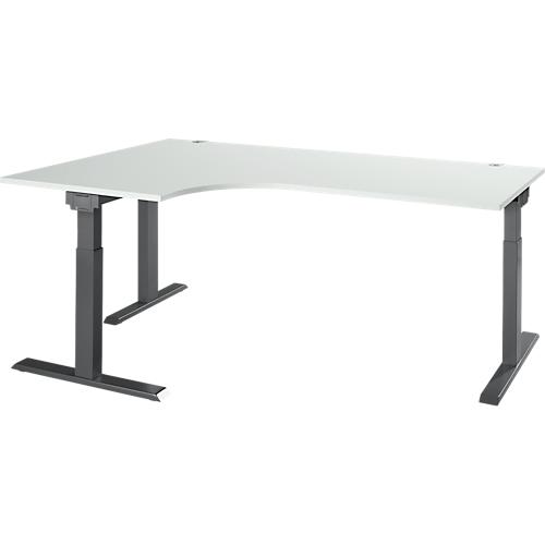 Schäfer Shop Select Winkelschreibtisch ERGO-T 2.0, 90° Winkel, Ansatz links, T-Fuß, B 2000 x T 1200/800 x H 675-895 mm, lichtgrau/anthrazit