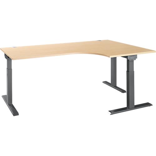 Schäfer Shop Select Winkelschreibtisch ERGO-T 2.0, 90° Winkel, Ansatz rechts, T-Fuß, B 2000 x T 1200/800 x H 675-895 mm, Ahorn/anthrazit