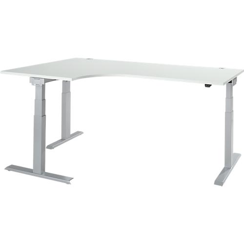 Schäfer Shop Select Winkelschreibtisch ERGO-T 2.0, elektrisch höhenverstellbar, 90° Winkel links, T-Fuß, B 2000 mm, lichtgrau/weißalu