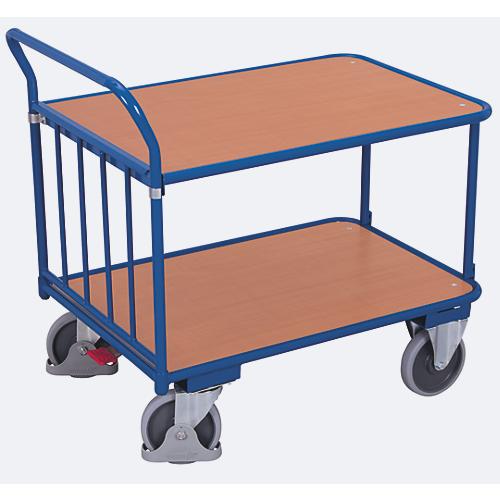 Schiebebügelwagen, Stahl/MDF-Platte, Enzianblau/Buche-Dekor, 2 Etagen, L 830 x B 495 mm, mit senkrechten Rohren, TPE-Rollen mit EasySTOP, bis 400 kg