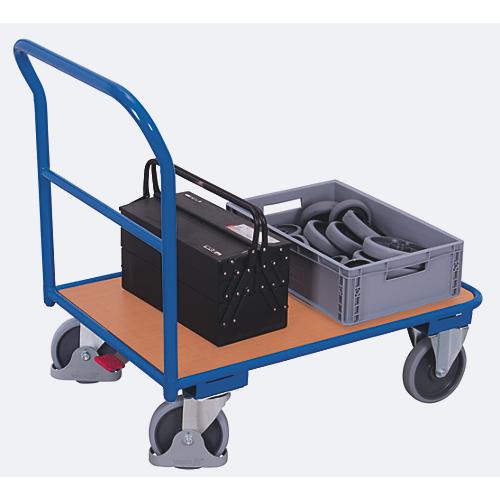 Schiebebügelwagen, Stahl/MDF-Platte, Enzianblau/Buche-Dekor, L 1200 x B 700 mm, mit Querstrebe, TPE-Rollen mit EasySTOP, bis 400 kg