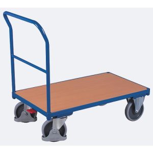 Schiebebügelwagen, Stahl/MDF-Platte, Enzianblau/Buche-Dekor, L 1230 x B 800 mm, mit Querstrebe, TPE-Rollen mit EasySTOP, bis 500 kg Schiebebügelwagen, Stahl/MDF-Platte, Enzianblau/Buche-Dekor, L 1230 x B 800 mm, mit Querstrebe, TPE-Rollen mit EasySTOP, bis 500 kg