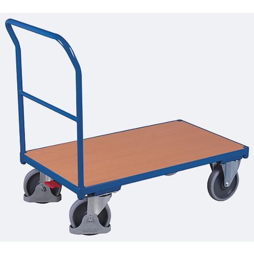 Schiebebügelwagen, Stahl/MDF-Platte, Enzianblau/Buche-Dekor, L 1230 x B 800 mm, mit Querstrebe, TPE-Rollen mit EasySTOP, bis 500 kg