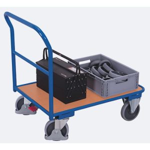 Schiebebügelwagen, Stahl/MDF-Platte, Enzianblau/Buche-Dekor, L 850 x B 500 mm, mit Querstrebe, TPE-Rollen mit EasySTOP, bis 400 kg Schiebebügelwagen, Stahl/MDF-Platte, Enzianblau/Buche-Dekor, L 850 x B 500 mm, mit Querstrebe, TPE-Rollen mit EasySTOP, bis 400 kg