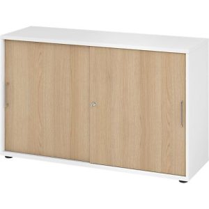 Schiebetürschrank Breno, abschließbar, Spanplatte, melaminharzbeschichtet, B 1200 x T 400 x H 748 mm, 2 Ordnerhöhen, weiß/Eiche Schiebetürschrank Breno, abschließbar, Spanplatte, melaminharzbeschichtet, B 1200 x T 400 x H 748 mm, 2 Ordnerhöhen, weiß/Eiche