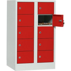 Schließfachschrank, Stahlbl., Türanschl. rechts, Zylinderschloss, 10 Fächer, B 600 x H 965 mm, l.grau RAL 7035/f.rot RAL 3000 Schließfachschrank, Stahlbl., Türanschl. rechts, Zylinderschloss, 10 Fächer, B 600 x H 965 mm, l.grau RAL 7035/f.rot RAL 3000