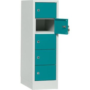 Schließfachschrank, Stahlbl., Türanschl. rechts, Zylinderschloss, 5 Fächer, B 300 x H 965 mm, l.grau RAL 7035/w.blau RAL 5021 Schließfachschrank, Stahlbl., Türanschl. rechts, Zylinderschloss, 5 Fächer, B 300 x H 965 mm, l.grau RAL 7035/w.blau RAL 5021