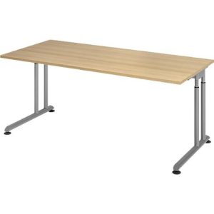 Schreibtisch Breno, manuelle Höheneinstellung, horizontaler Kabelkanal, B 1600 x T 800 x H 680-820 mm, Spanplatte & Stahl, Eiche/Silber Schreibtisch Breno, manuelle Höheneinstellung, horizontaler Kabelkanal, B 1600 x T 800 x H 680-820 mm, Spanplatte & Stahl, Eiche/Silber