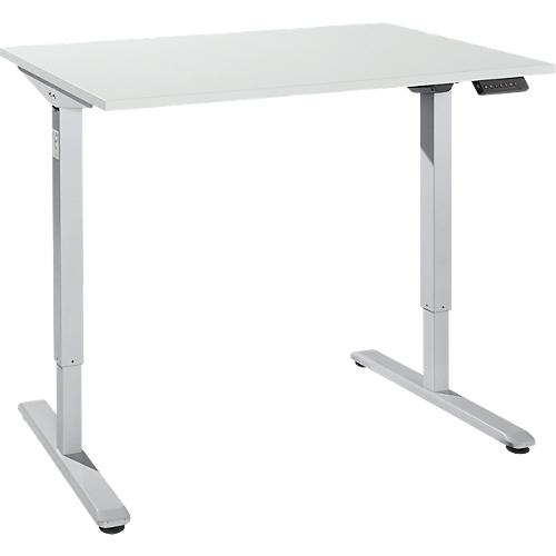 Schreibtisch, elektrisch höhenverstellbar, Rechteck, T-Fuß, B 1200 x T 800 x H 755-1255 mm, lichtgrau/weißalu + Memory-Bedienpanel, Kabelkanal