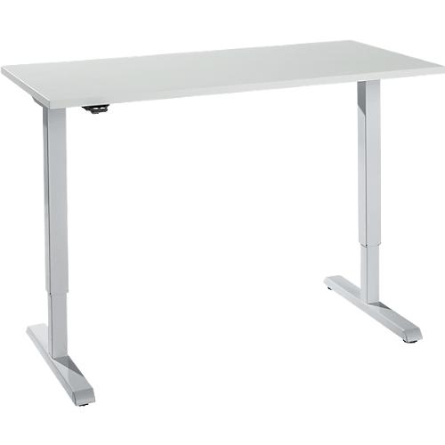 Schreibtisch, elektrisch höhenverstellbar, Rechteck, T-Fuß, B 1300 x T 650 x H 715-1205 mm, lichtgrau/weißaluminium