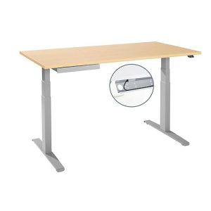 Schreibtisch, elektrisch höhenverstellbar, T-Fuß, B 1600 x T 800 x H 645-1290 mm, Ahorn/weißaluminium + Kabelkanal, Zubehörschublade Schreibtisch, elektrisch höhenverstellbar, T-Fuß, B 1600 x T 800 x H 645-1290 mm, Ahorn/weißaluminium + Kabelkanal, Zubehörschublade