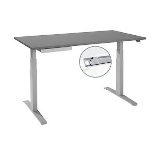 Schreibtisch, elektrisch höhenverstellbar, T-Fuß, B 1600 x T 800 x H 645-1290 mm, graphit/weißaluminium + Kabelkanal, Zubehörschublade Schreibtisch, elektrisch höhenverstellbar, T-Fuß, B 1600 x T 800 x H 645-1290 mm, graphit/weißaluminium + Kabelkanal, Zubehörschublade