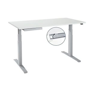 Schreibtisch, elektrisch höhenverstellbar, T-Fuß, B 1600 x T 800 x H 645-1290 mm, lichtgrau/weißaluminium + Kabelkanal, Zubehörschublade Schreibtisch, elektrisch höhenverstellbar, T-Fuß, B 1600 x T 800 x H 645-1290 mm, lichtgrau/weißaluminium + Kabelkanal, Zubehörschublade